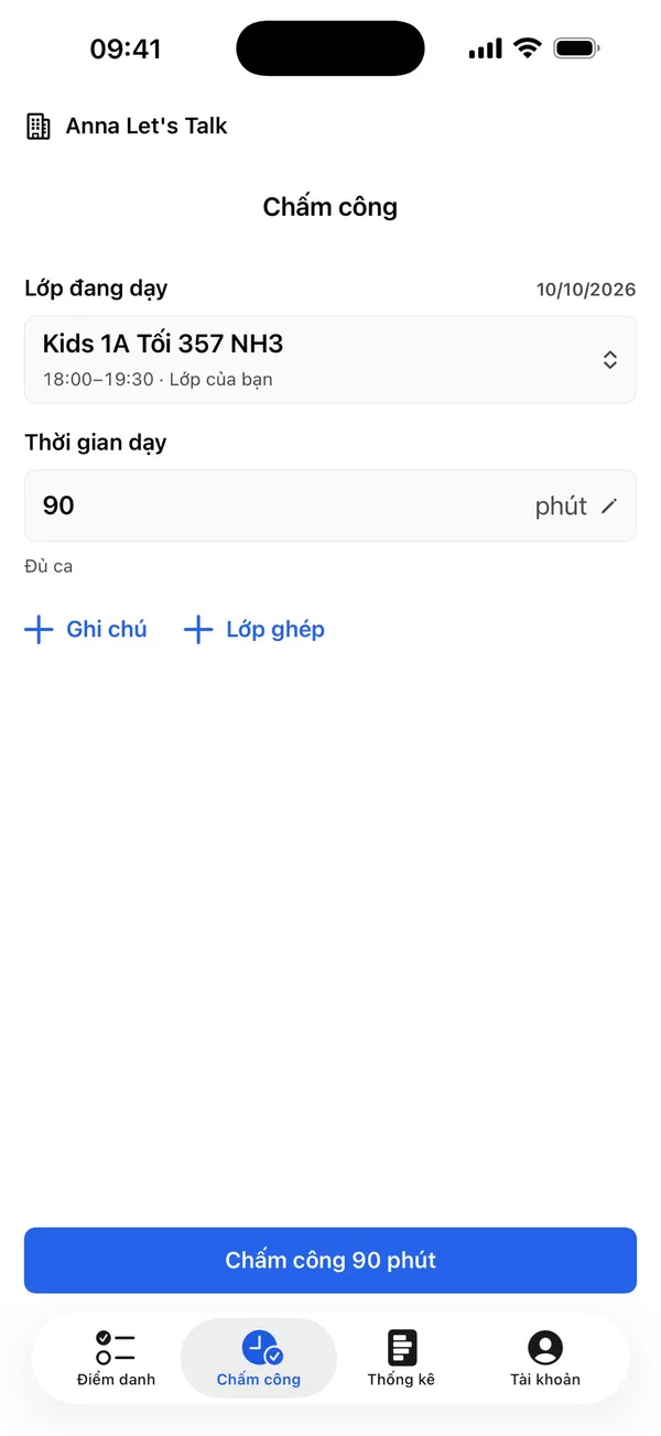 Màn chấm công của giáo viên trong ứng dụng LopOne trên iPhone