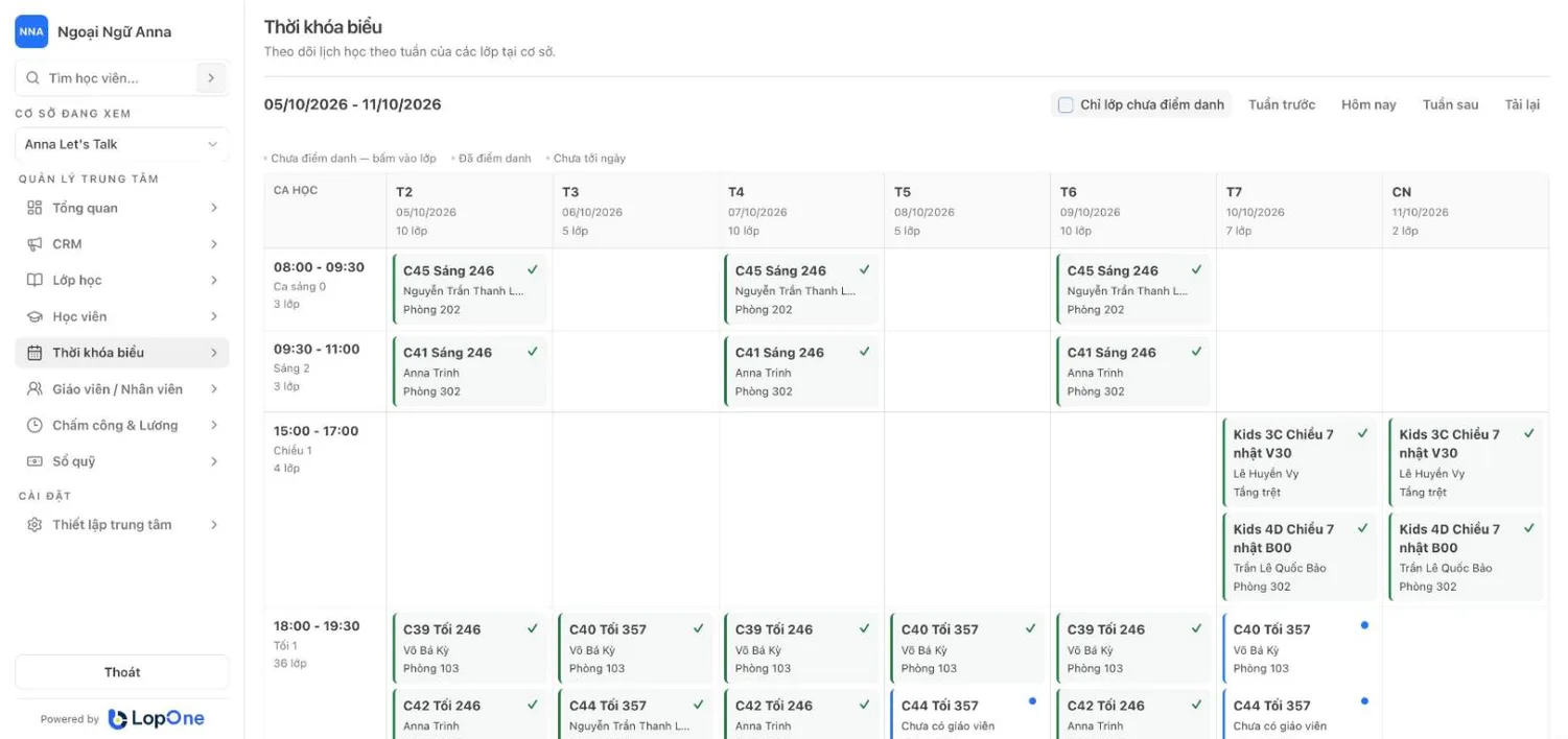 Thời khóa biểu tuần 05/10–11/10 trên LopOne bản web