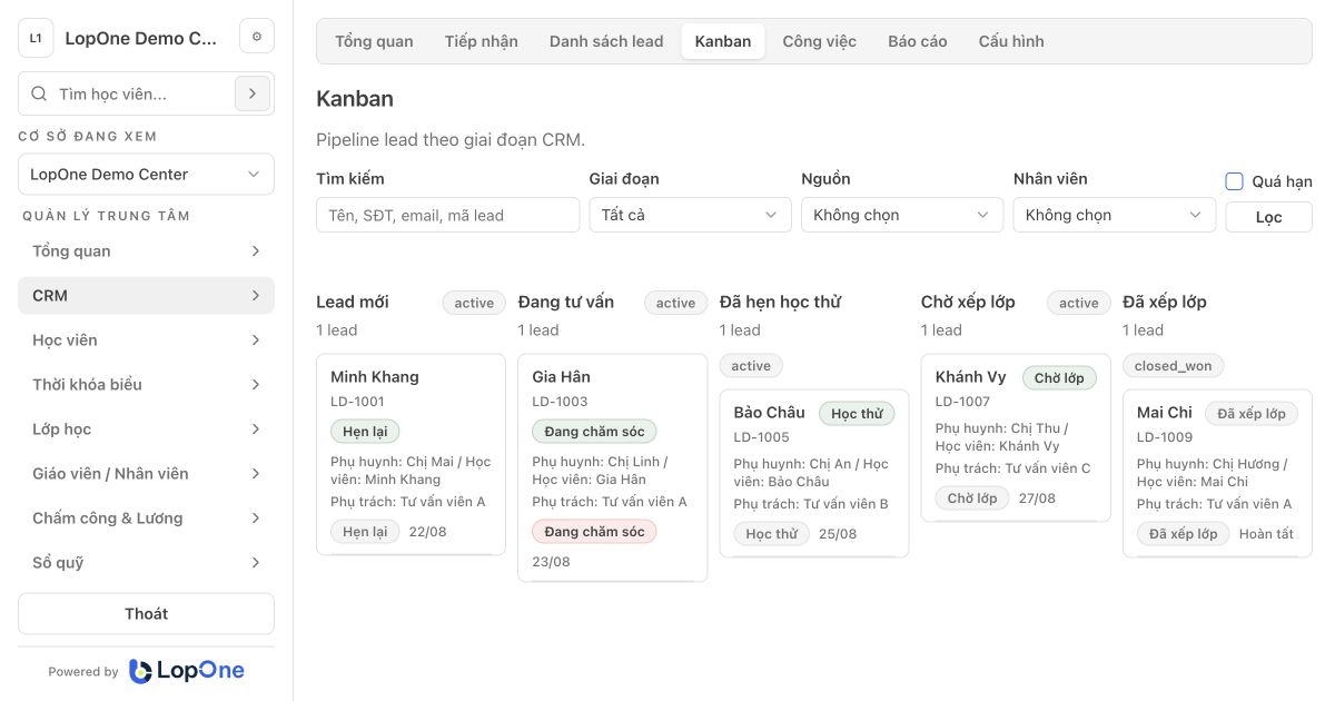 Bảng Kanban tuyển sinh LopOne từ lead mới đến bước đã xếp lớp