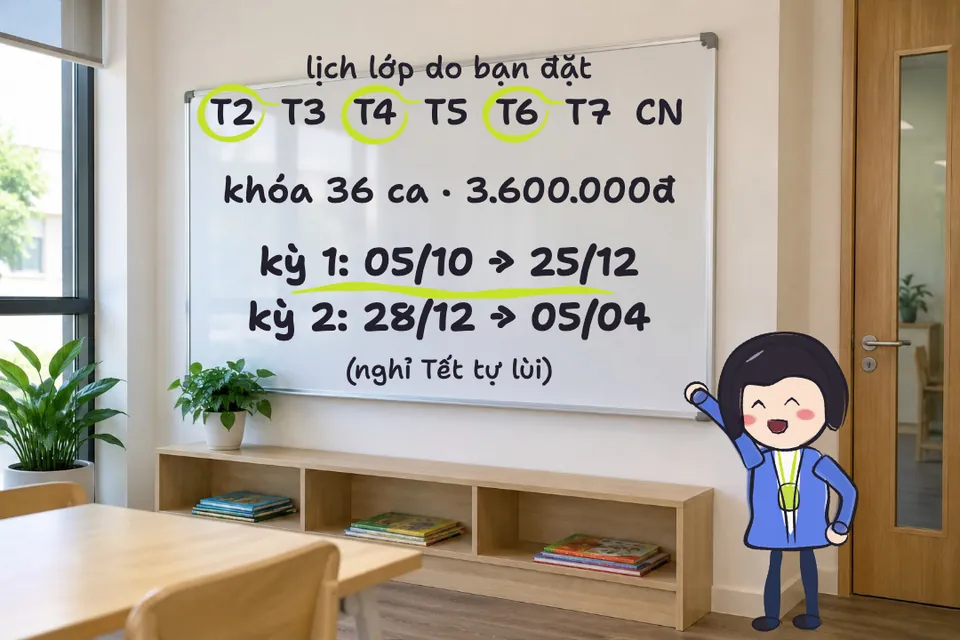 Hình minh họa: bảng lớp học ghi lịch T2, T4, T6, khóa 36 ca 3.600.000 đồng, kỳ 1 từ 05/10 đến 25/12, kỳ 2 từ 28/12 đến 05/04, nghỉ Tết tự lùi; chị Hạnh chỉ vào bảng