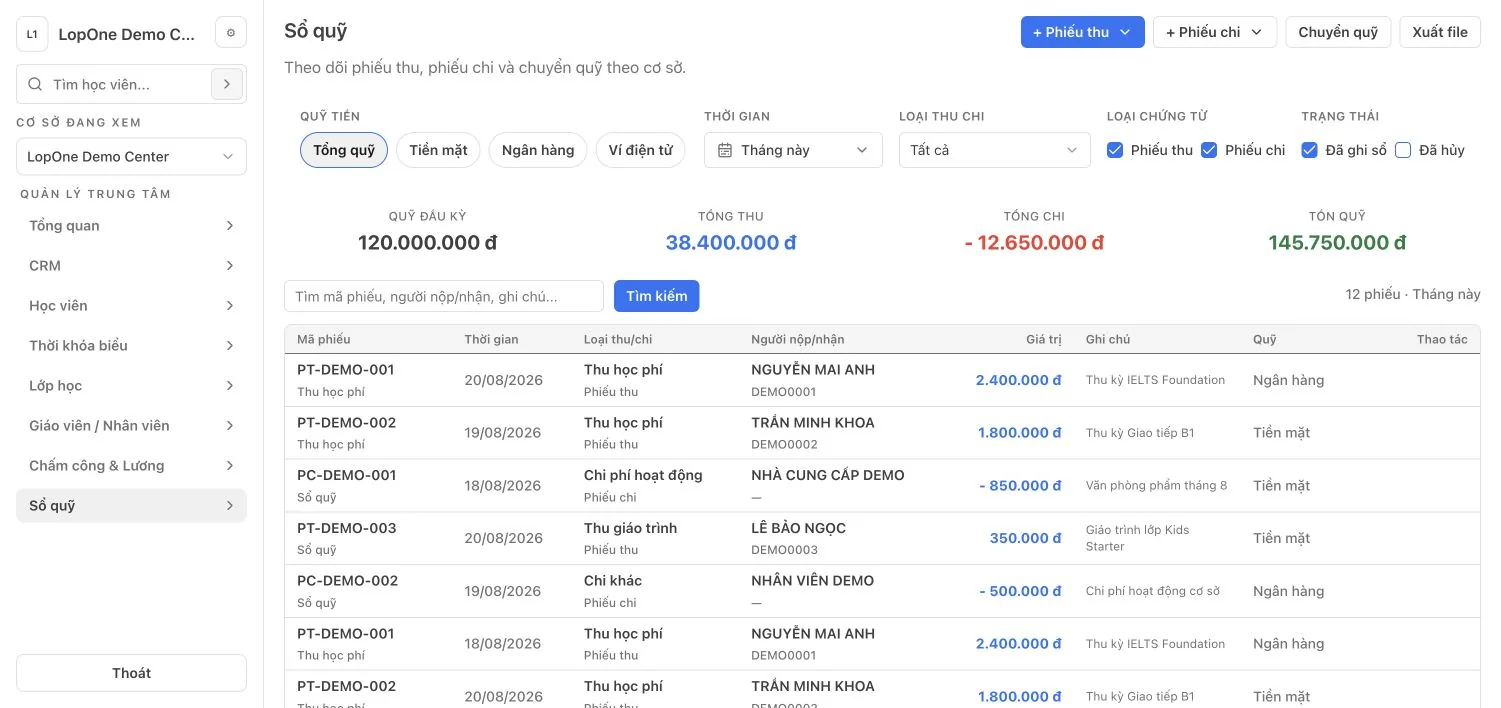 Giao diện sổ quỹ LopOne với số dư và giao dịch demo